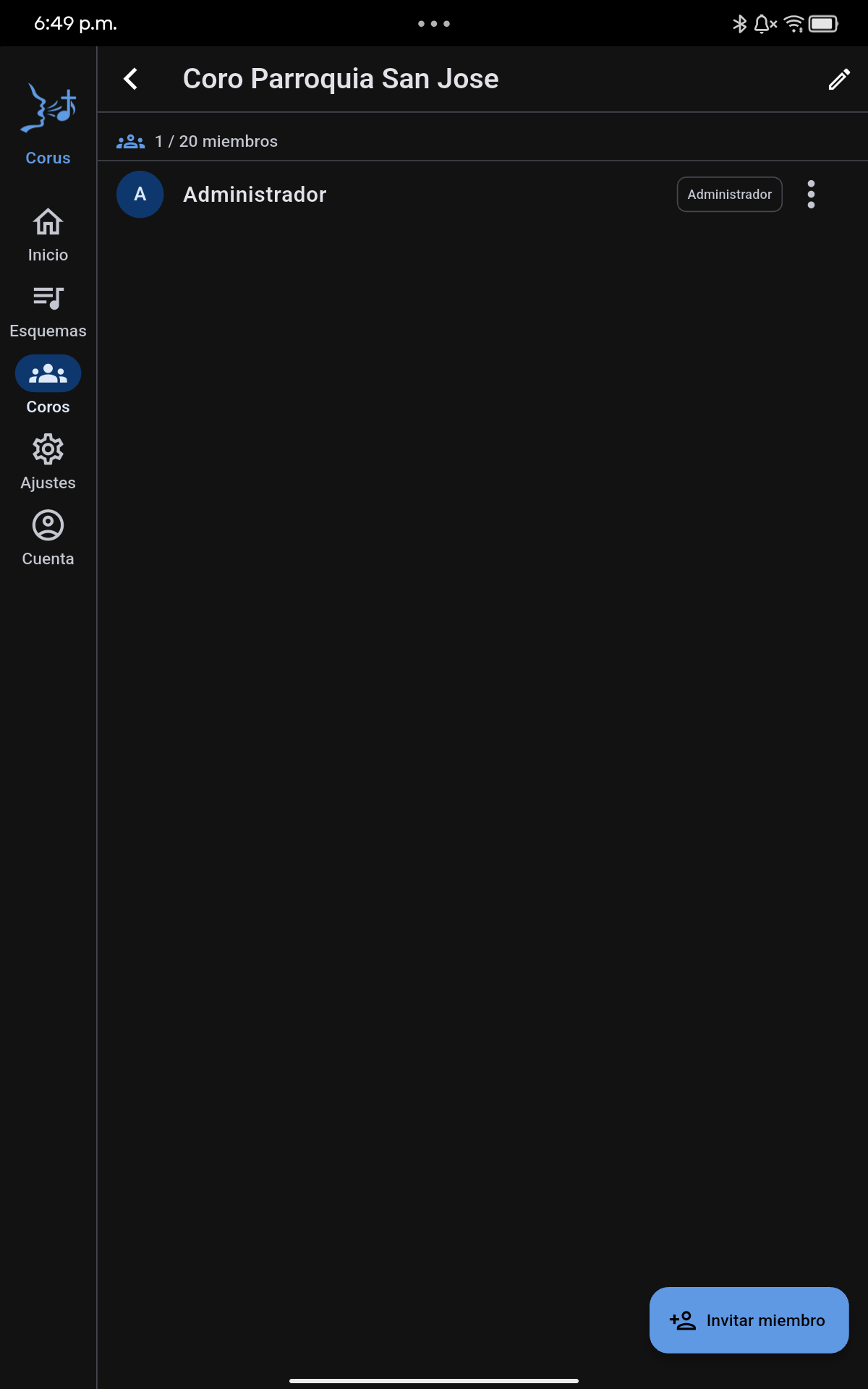 Pantalla de administración de coro en Corus con la lista de miembros