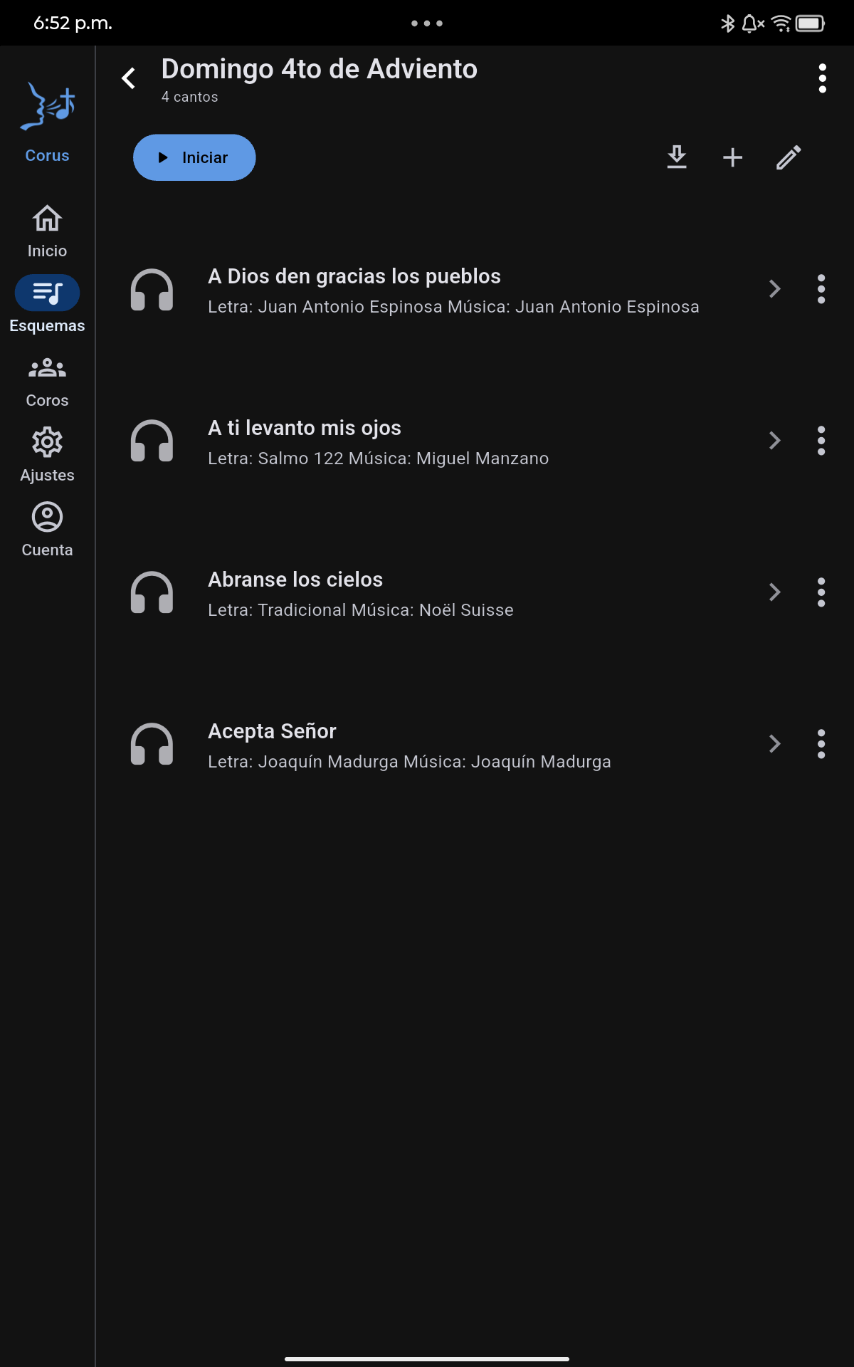 Listado de esquemas de cantos personales y de coro en Corus