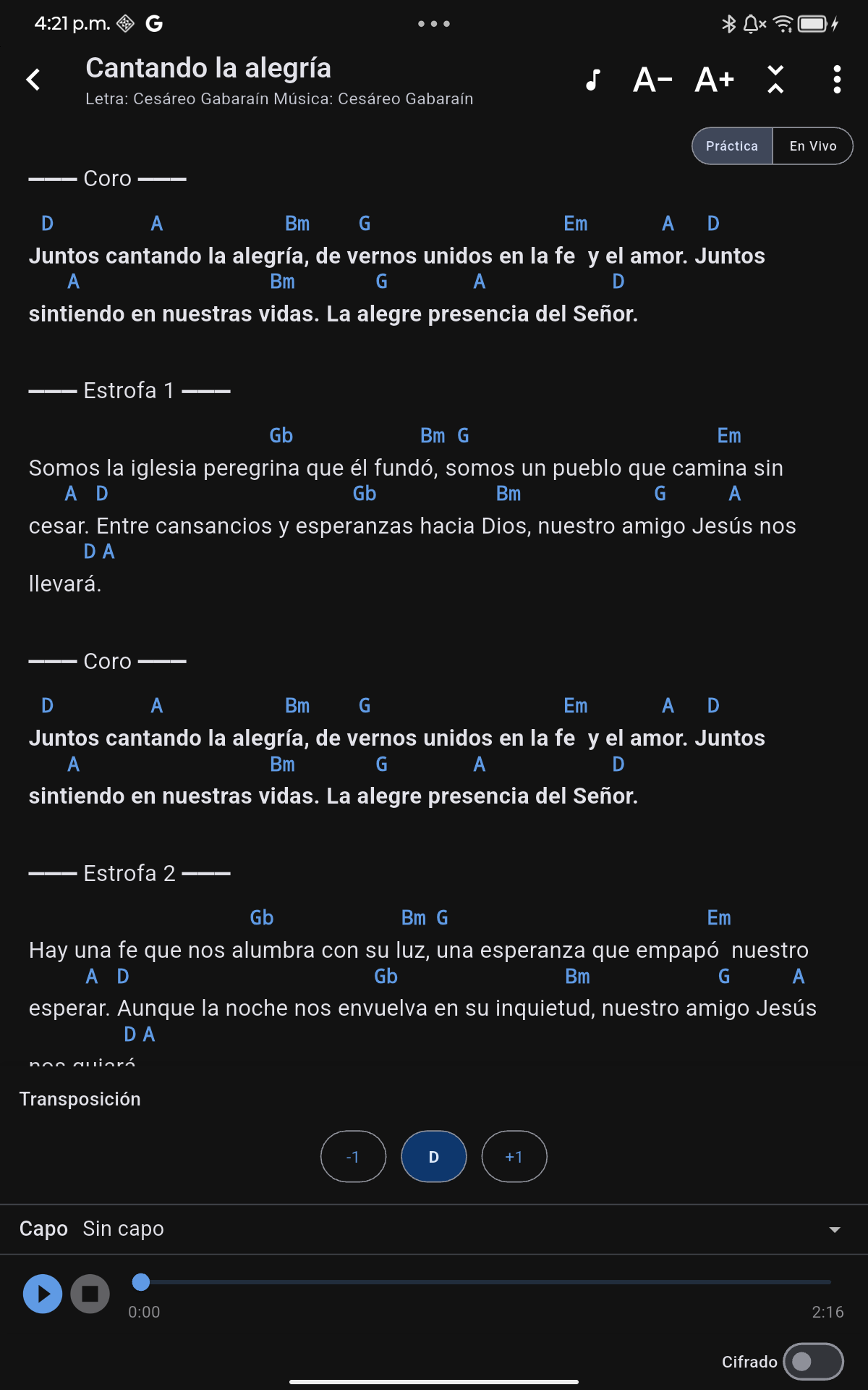 Visor de letra con acordes posicionados sobre las sílabas en Corus