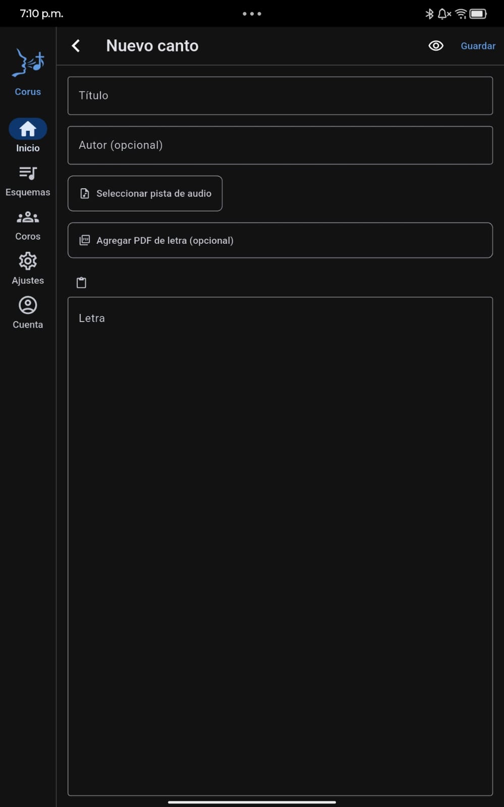Corus mostrando la pantalla para crear un nuevo canto con pista de acompañamiento propia